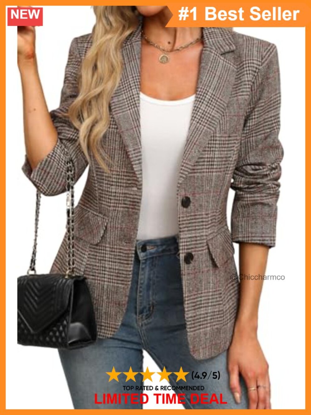 Women's Plaid Boyfriend Blazer Business Casual Notch Collar Long Sleeve